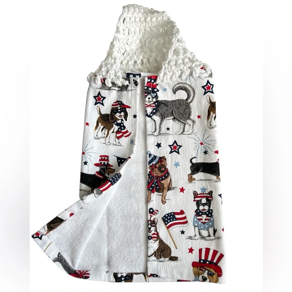 Hand Crafted Colorful Festive American Patriotic Dogs Hanging Kitchen Hand Towel